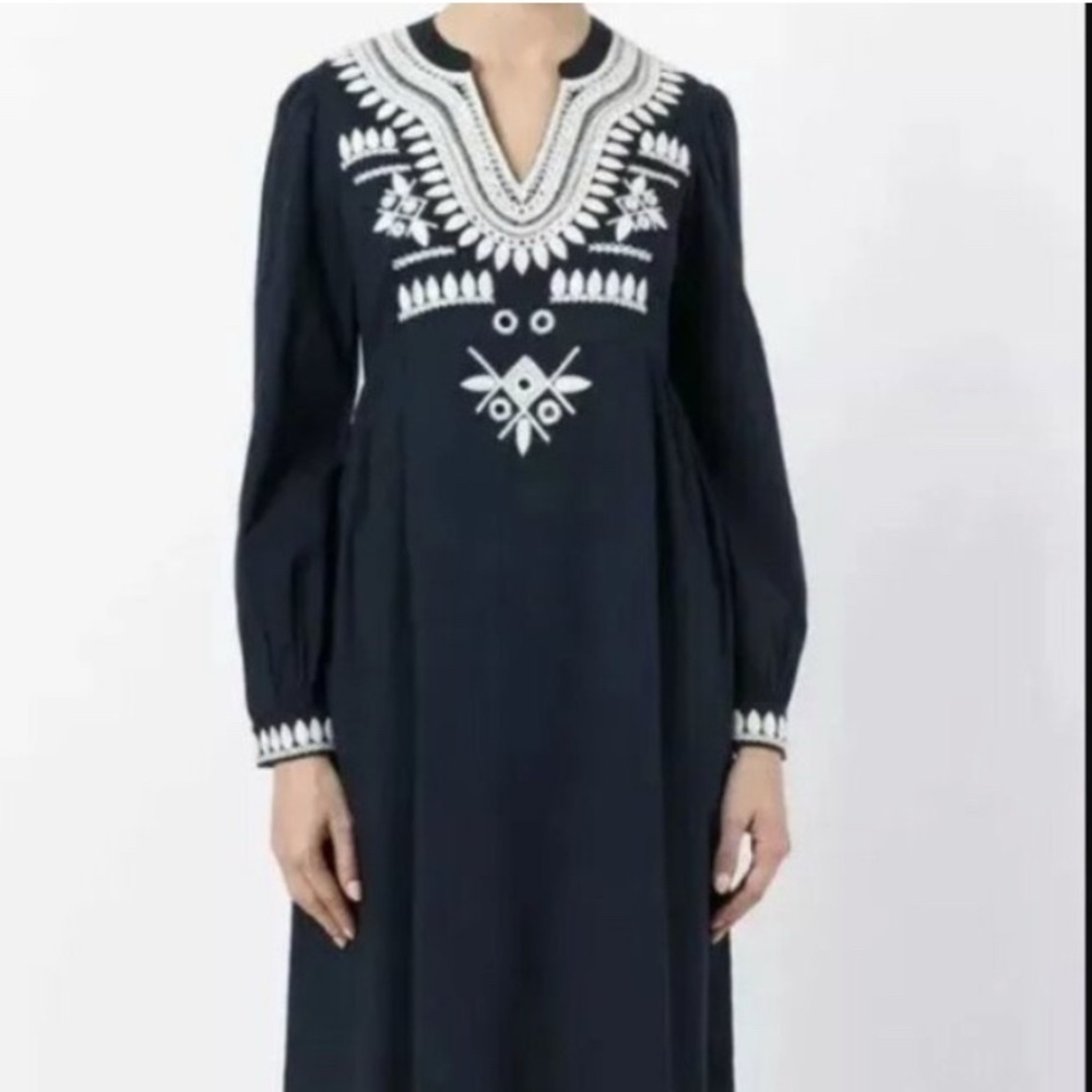 NWT Tory Burch Keegan Embroidered Caftan Dress Navy Sea Size 4